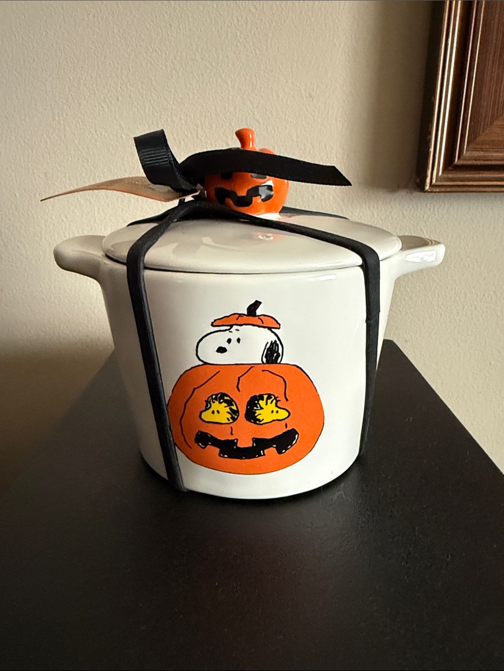 Rae Dunn White Ceramic 'Welcome, Great Pumpkin' Jar with Orange Lid Knob